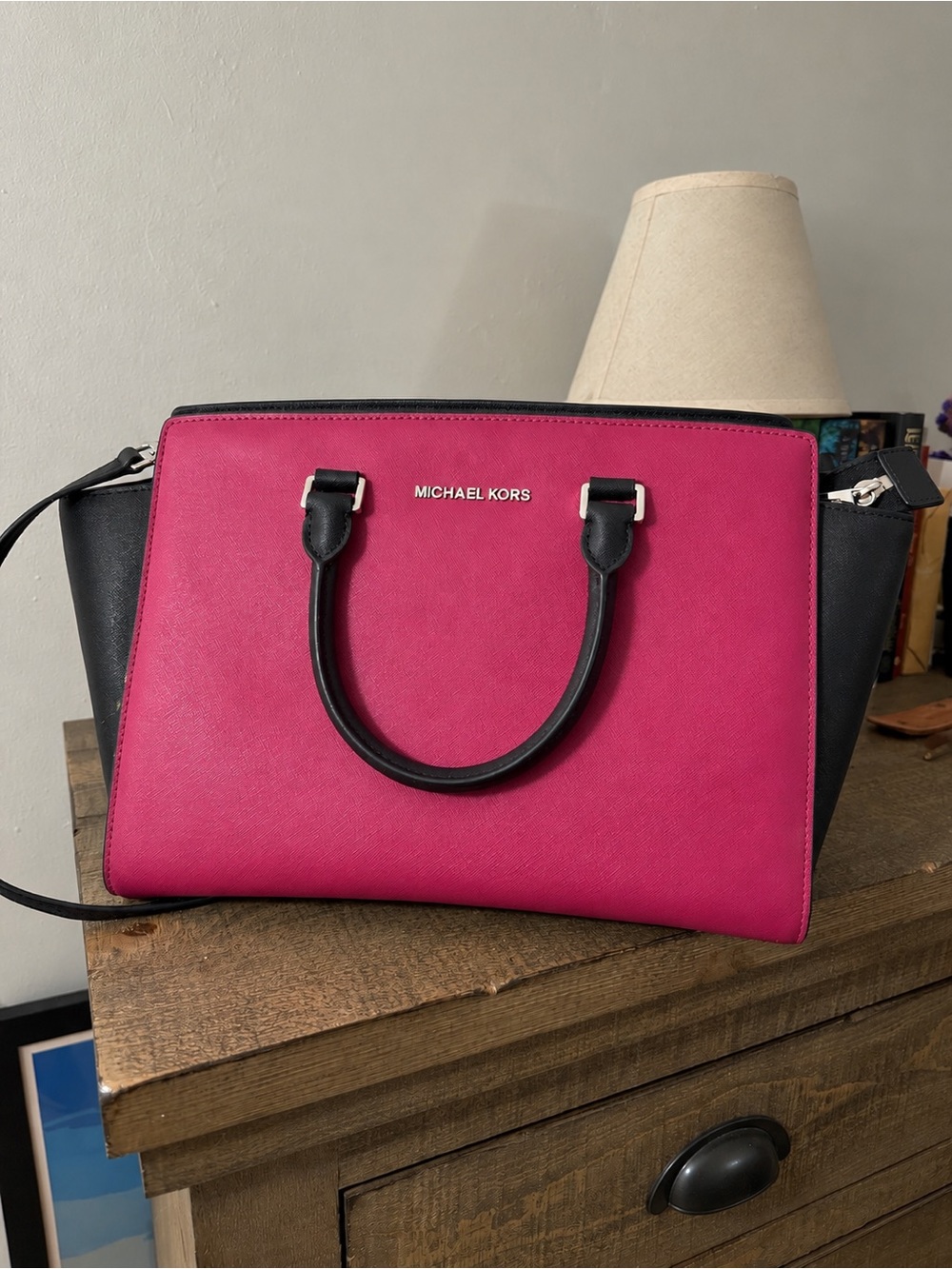 Michael Kors Hot Pink and Black Saffiano Satchel